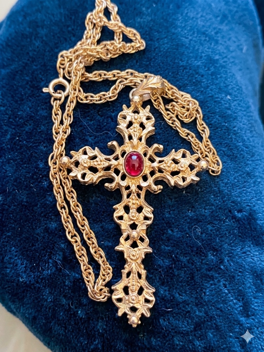 Avon Gold-Tone Filigree Cross Necklace with Red Cabochon